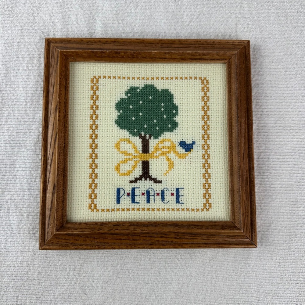 Vintage Framed Cross Stitch Peace Sampler Tree Bird Folk Art‎ Wall Decor